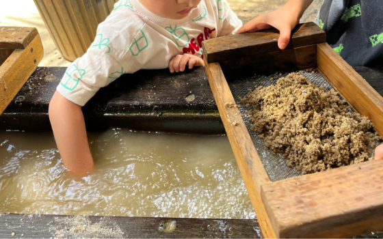 children panning for crystals at thunderbird park crystal panning station 2