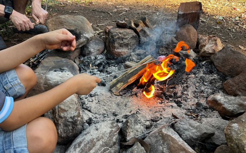 Cooking marshmallows at the campsite fire pit